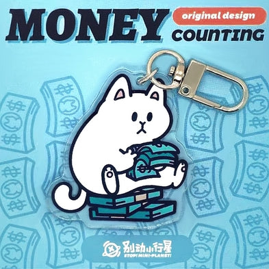 White Cat [ Money Counting ] Acrylic Key Chain