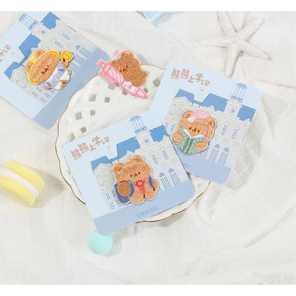 Bear Goes To School [Pink Pen] Embroidered Sticker & Iron-On Patch