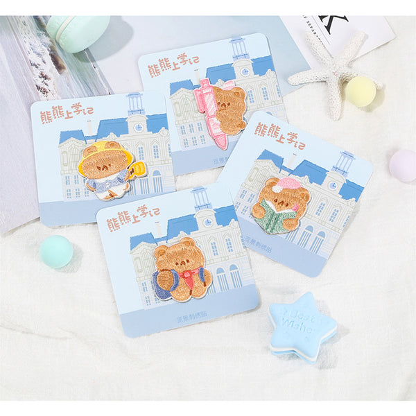 Bear Goes To School [Pink Pen] Embroidered Sticker & Iron-On Patch