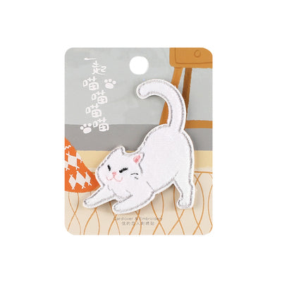Cat White Cat Stretching Embroidered Sticker & Iron-On Patch