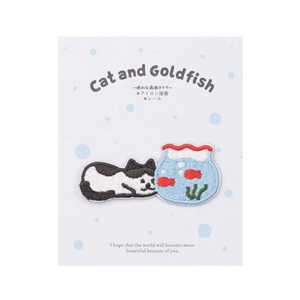 Cat And Goldfish [Resting Cat Bowl] Embroidered Sticker & Iron-On Patch