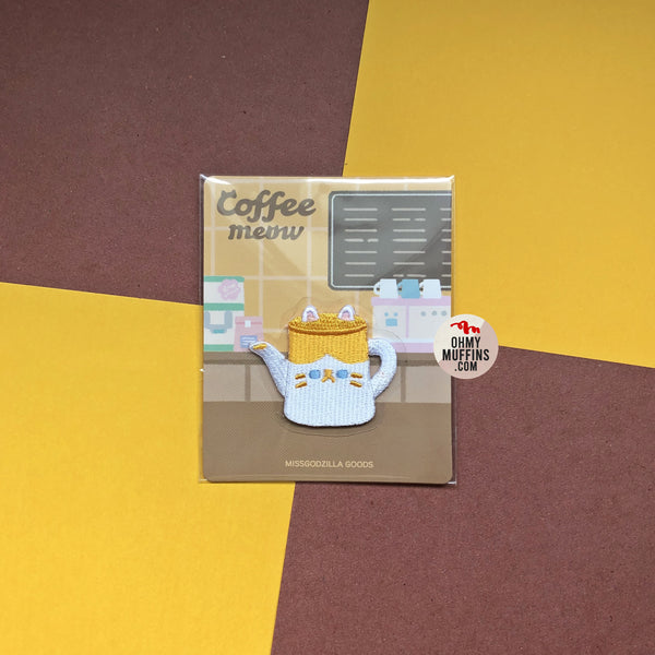 Coffee Cat [Yellow Pot] Plush Embroidered Sticker & Iron-On Patch