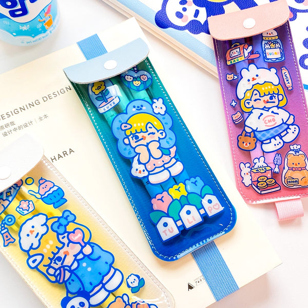 Cutie Girl [Blue] Notebook Pencil Case With Elastic Strap By Milkjoy