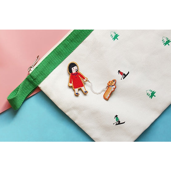 Girl [ Girl Walking Dog ] Embroidery Brooch By U-Pick