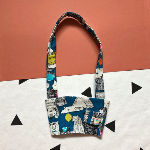 Hand-Sewn Fabric Blue Bear Cup Holder Carrier