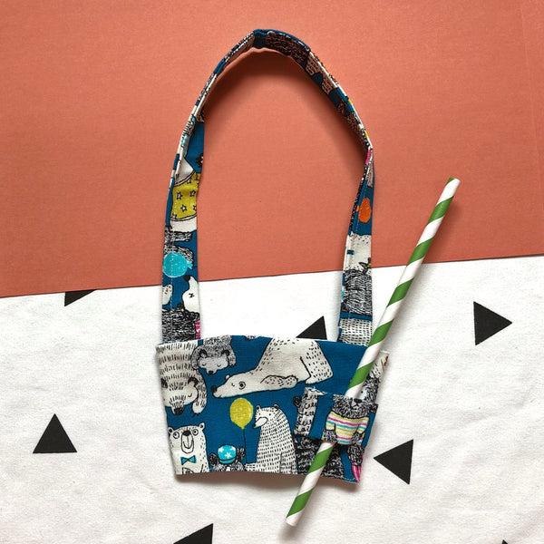 Hand-Sewn Fabric Blue Bear Cup Holder Carrier