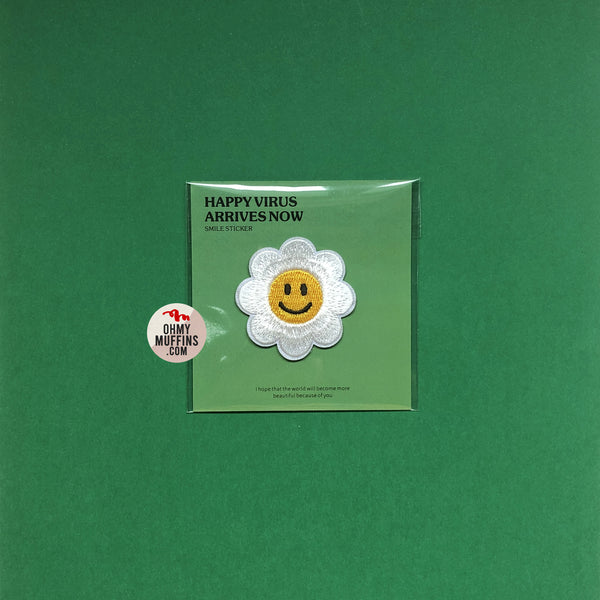 Happy Virus [White Flower Smiley Face] Embroidered Sticker & Iron-On Patch