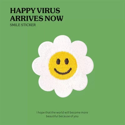 Happy Virus [White Flower Smiley Face] Embroidered Sticker & Iron-On Patch