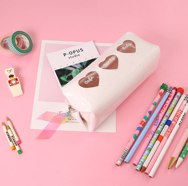 Three Sparkle Hearts [White] Pencil Case By Milkjoy