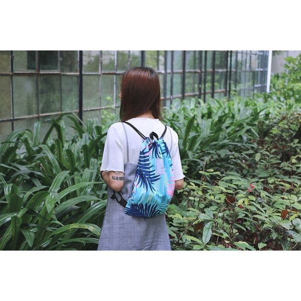 Leaves [Blue Leaves] Drawstring Backpack By Colourup