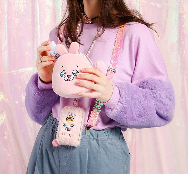 Pink Rabbit Squint Eyes Animal Pouch By Bentoy