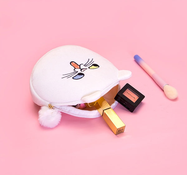 Squint Eyes White Cat Rabbit Pouch By Bentoy