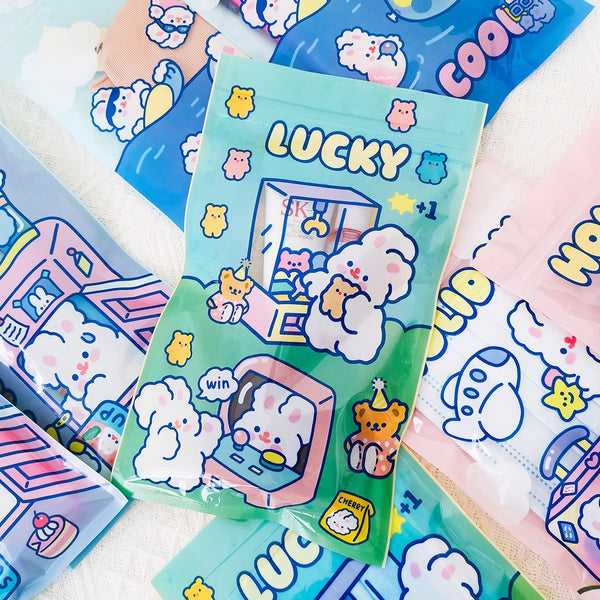 [Set of 4] Fluffy White Rabbit [Mixed Design] Storage Zipper Bag [Mask Storage] By Milkjoy