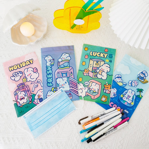 [Set of 4] Fluffy White Rabbit [Mixed Design] Storage Zipper Bag [Mask Storage] By Milkjoy