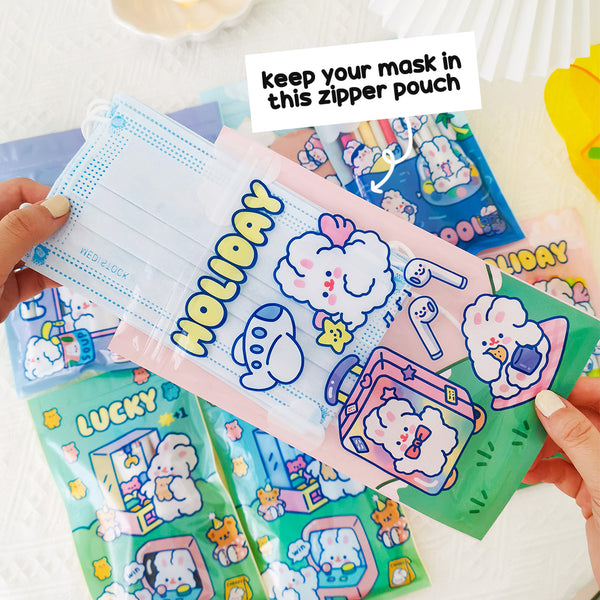 [Set of 4] Fluffy White Rabbit [Mixed Design] Storage Zipper Bag [Mask Storage] By Milkjoy